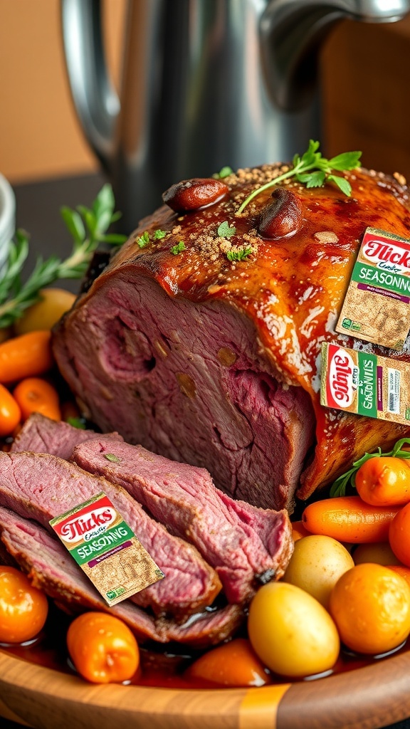 A flavorful beef roast with carrots and potatoes, seasoned with ranch, Italian, and brown gravy mixes, served on a wooden platter.